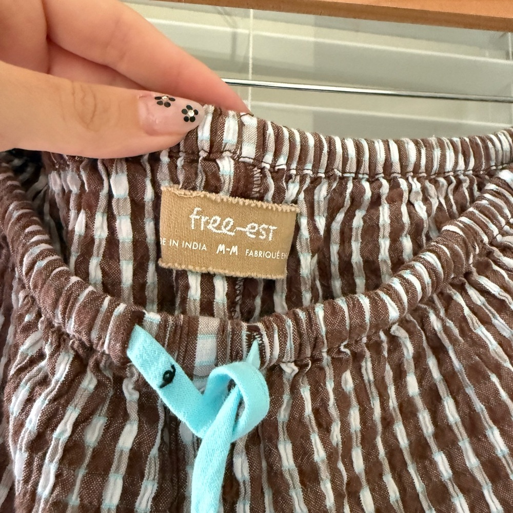 Free People Brown Gingham Drawstring Shorts with Aqua Tie - Picture 2 of 3